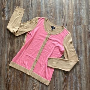 Talbots Pure Merino Wool Tan & Pink Button Down Cardigan Sweater